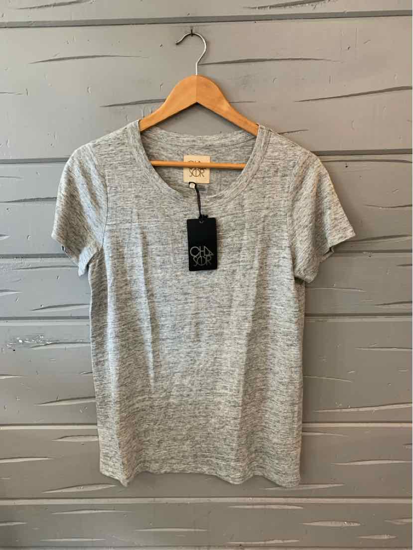Gray short-sleeve crewneck t-shirt in medium size with subtle heather texture and front tag.