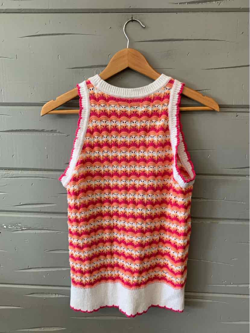 Sleeveless knit tank top with pink and white striped pattern and ribbed white trim.