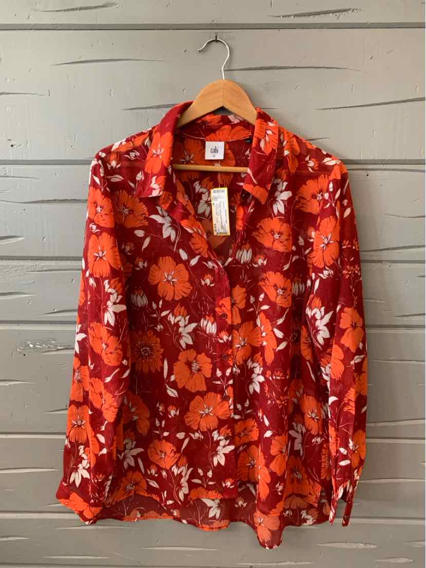 Red floral long-sleeve blouse with button-down front and classic collar in size XL.