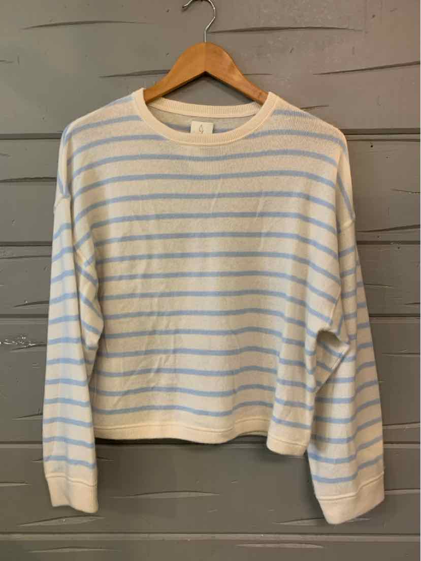 White long-sleeve knit sweater with thin blue horizontal stripes and ribbed cuffs on wooden hanger.