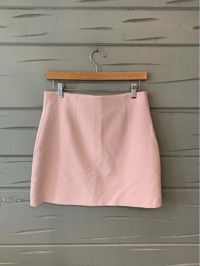 Light pink A-line mini skirt with clean front seams hanging on wooden hanger against gray wood wall.