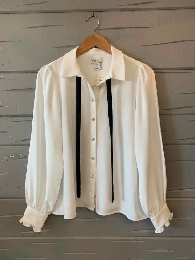 White long-sleeve blouse with black vertical stripes, button-down front, and gathered cuffs.