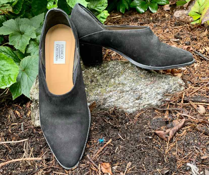 Black suede pointed-toe heels with a block heel and smooth leather insole, size 8.5.