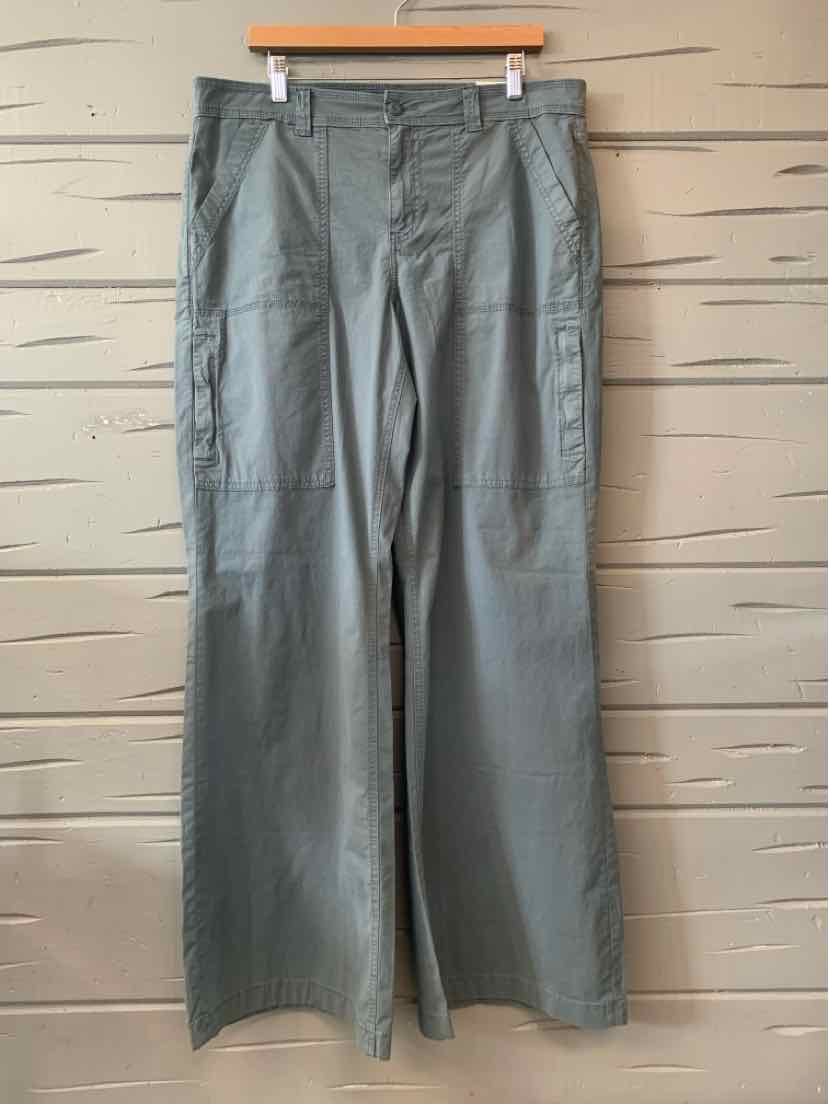 Light olive green cargo pants with wide legs, front button and zipper closure, and side pockets.