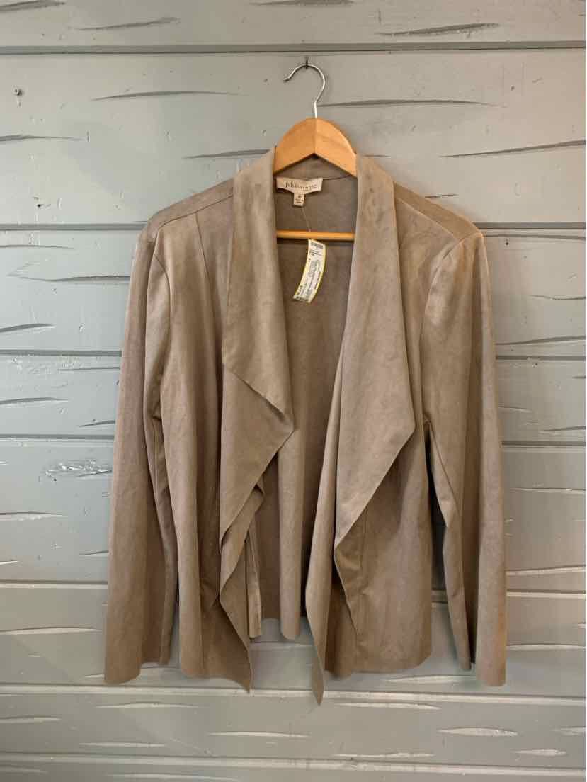 Taupe open-front long-sleeve jacket with draped collar, lightweight fabric, size XL.