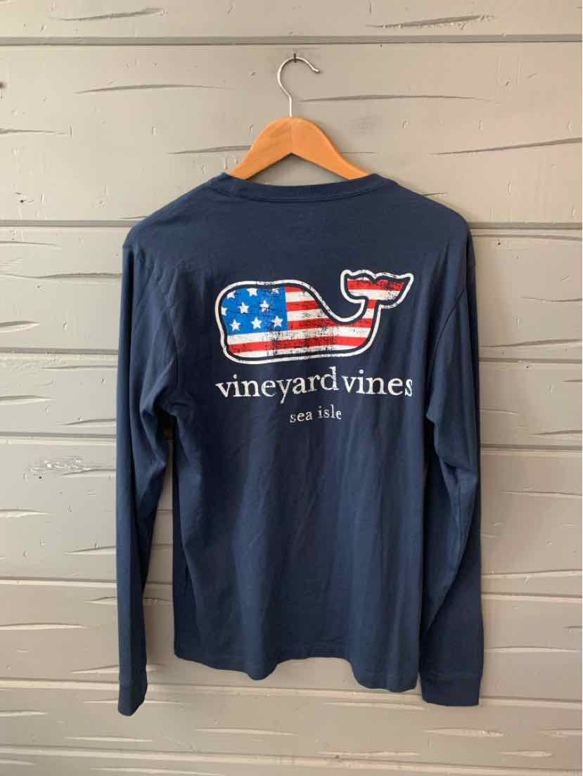 Navy blue long-sleeve shirt with American flag whale graphic and "vineyard vines est. 1998" text on back.