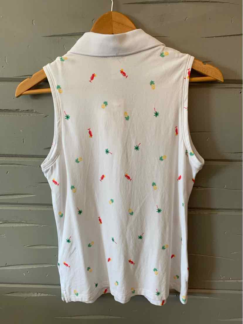 White sleeveless polo shirt with small colorful tropical fruit prints, medium size.