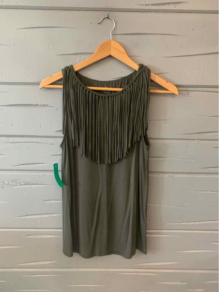Sleeveless dark grey mini dress with layered fringe detail on front neckline on wooden hanger.