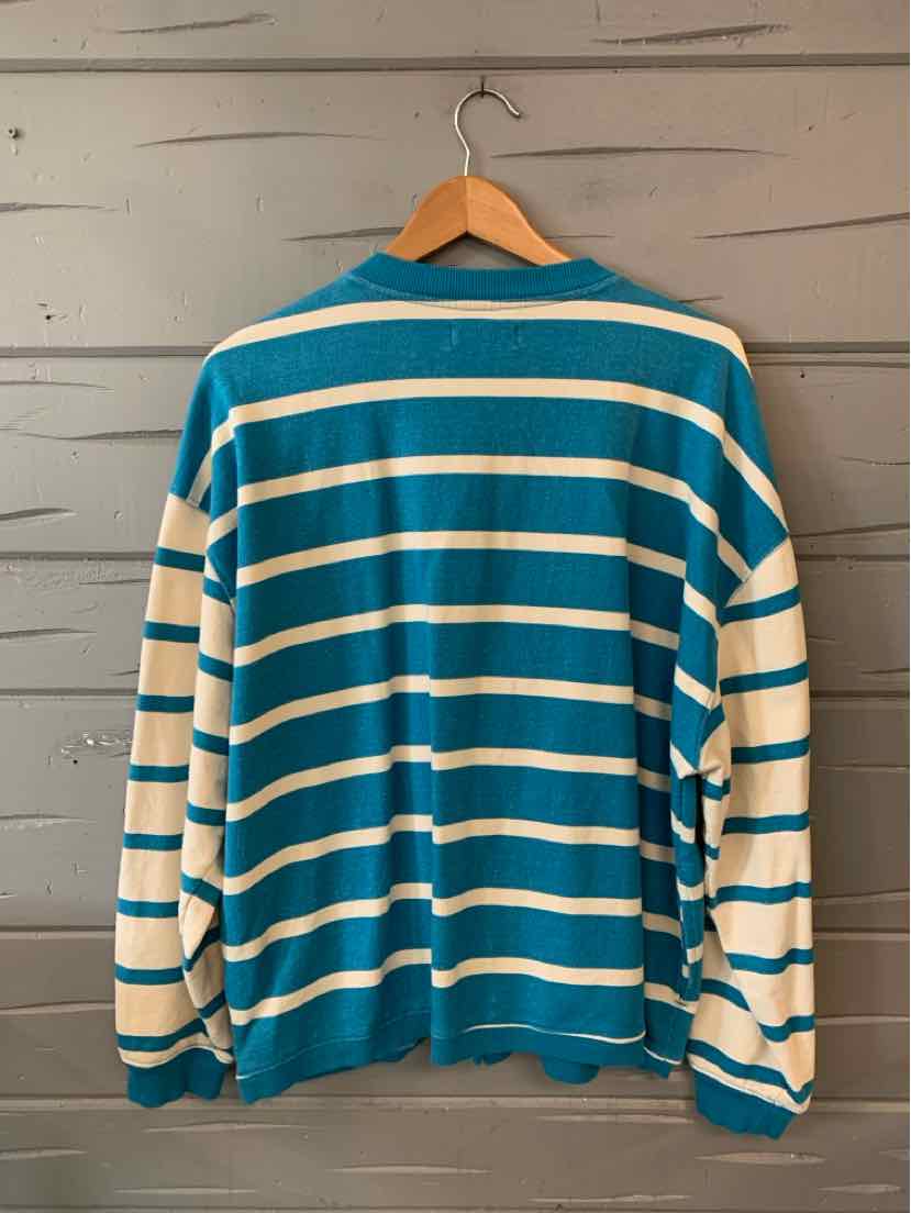 Teal and white striped long-sleeve lightweight knit top with crew neckline and relaxed fit.