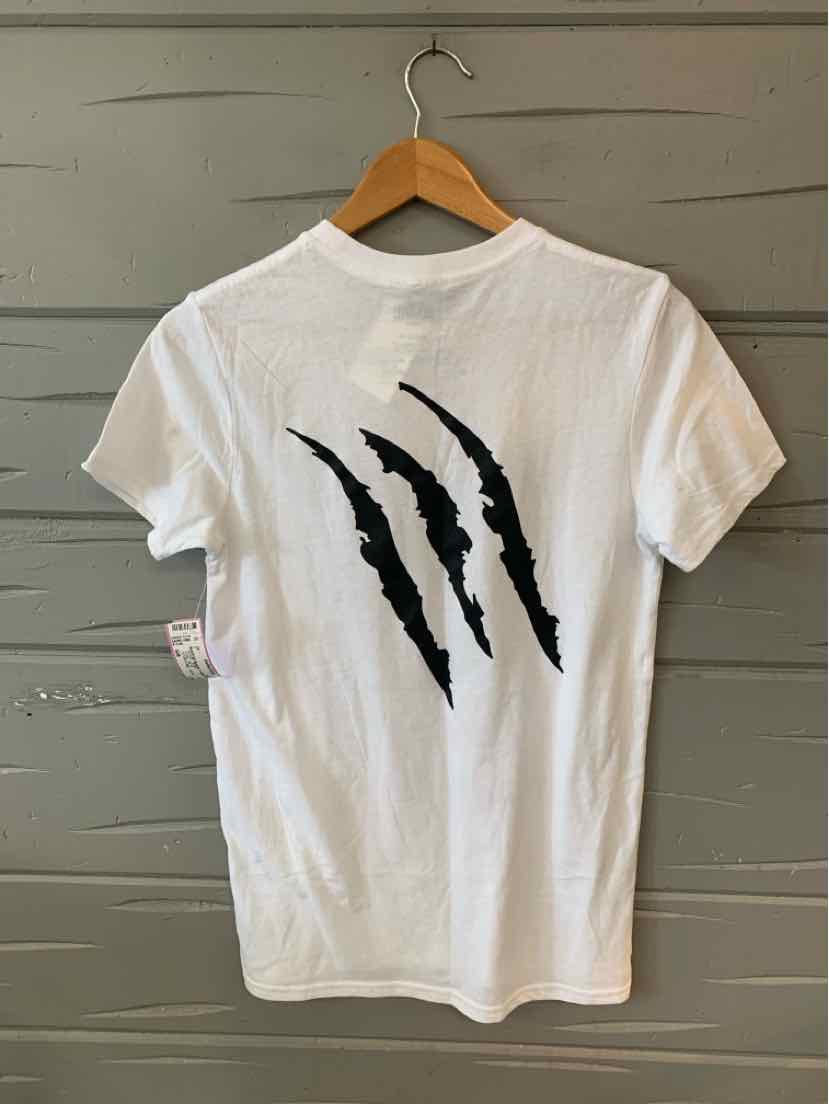 White short-sleeve t-shirt with three black claw marks on the back, small size.