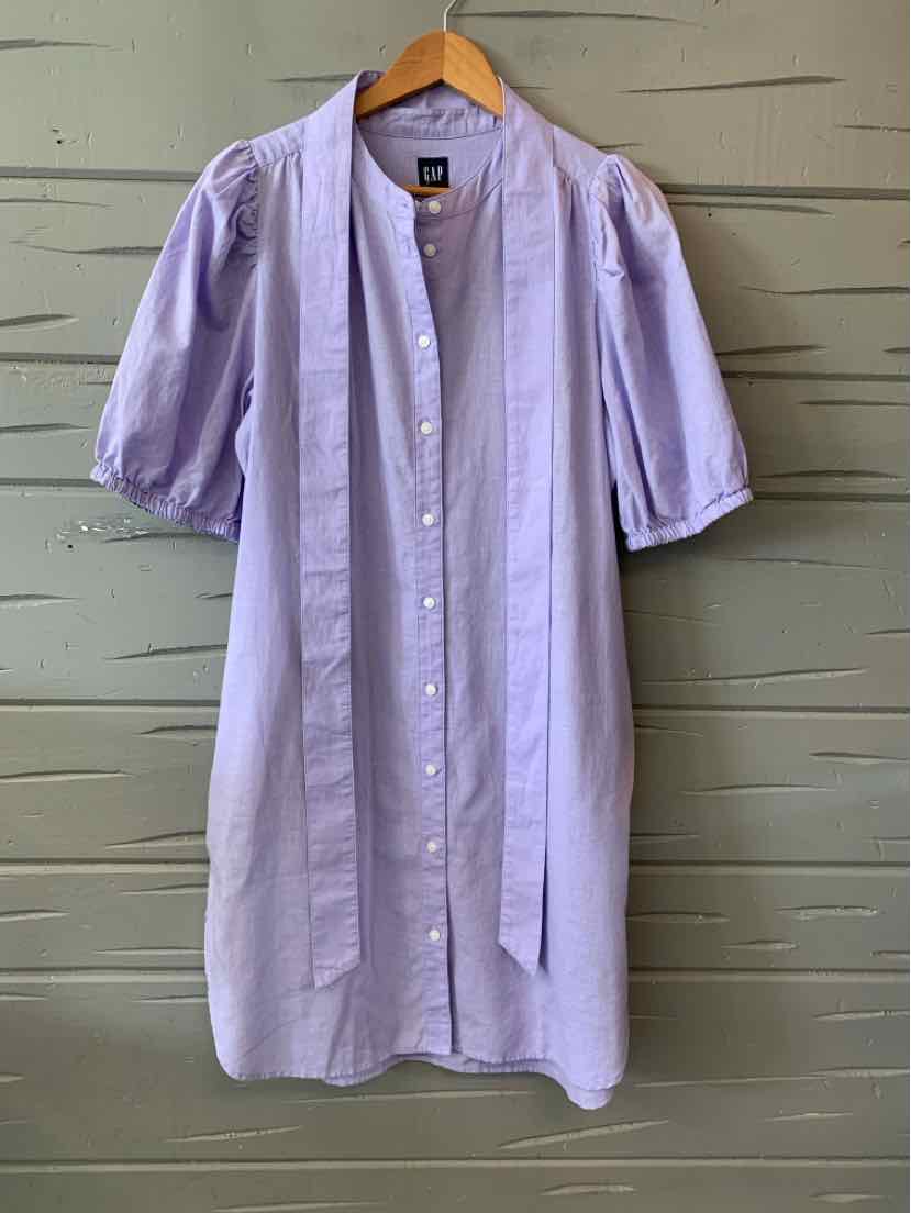 Lavender button-up dress with puffed elbow-length sleeves and a V-neck collar.