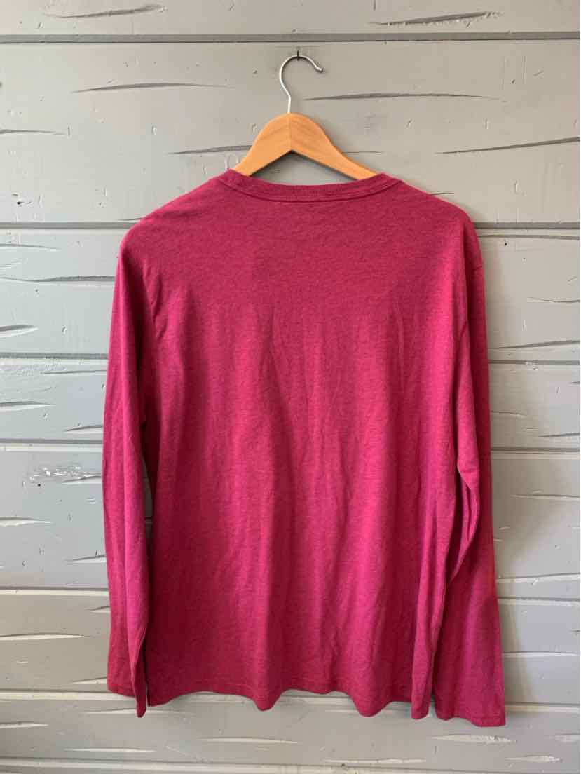 Long-sleeve solid burgundy shirt in soft fabric with crew neckline, size medium.