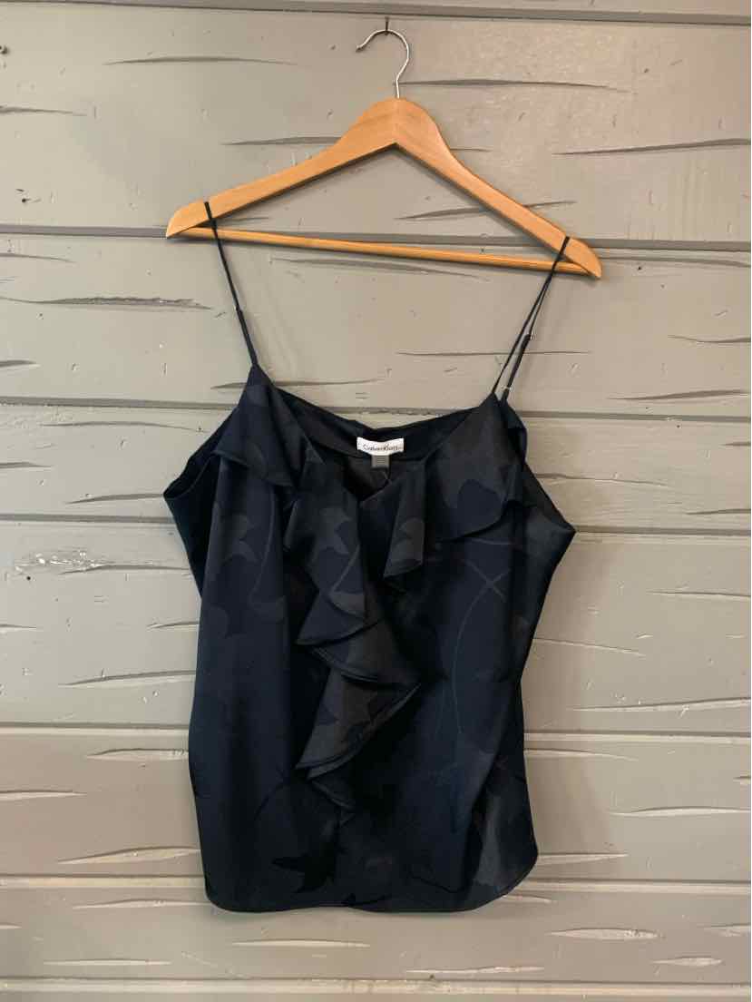 Black Calvin Klein XL spaghetti strap tank top with front ruffle detail on wooden hanger.
