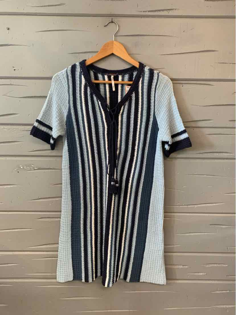 Knit dress with vertical navy and white stripes, short sleeves, button-down front, and black trim on collar and cuffs.