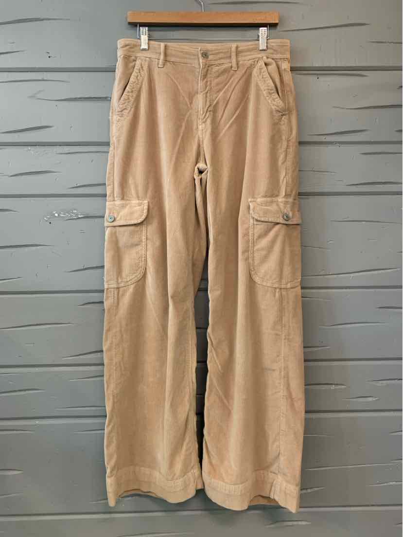 Tan American Eagle cargo pants with a straight leg, button closure, and flap pockets on both thighs.