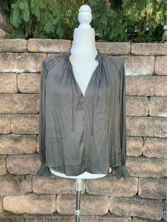 Sheer gray long-sleeve casual top with gathered neckline, ideal for layering over women's dresses or denim jeans.