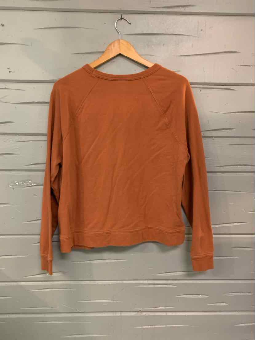 Rust-colored long-sleeve crewneck sweatshirt with a relaxed fit on wooden hanger.