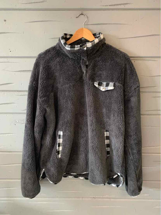 Dark gray fleece jacket with black and white checkered lining on collar, pocket flap, and pocket openings, size XL.