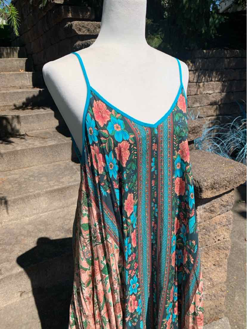 Sleeveless floral dress with turquoise straps, multicolored vertical stripe and flower pattern, flowing medium length.