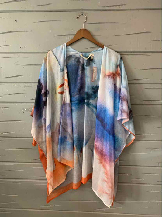 Lightweight open-front kimono with watercolor-inspired blue, purple, and orange gradient on soft fabric.