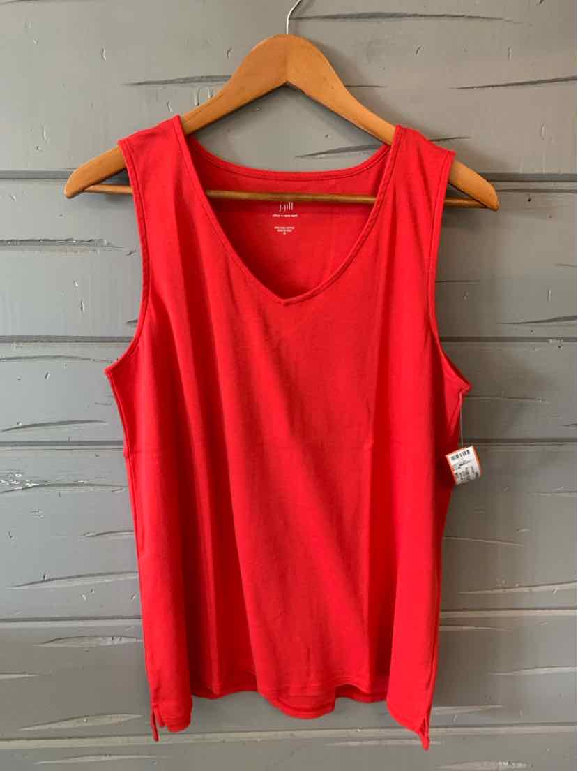 Red sleeveless V-neck tank top with a relaxed fit hanging on wooden hanger.