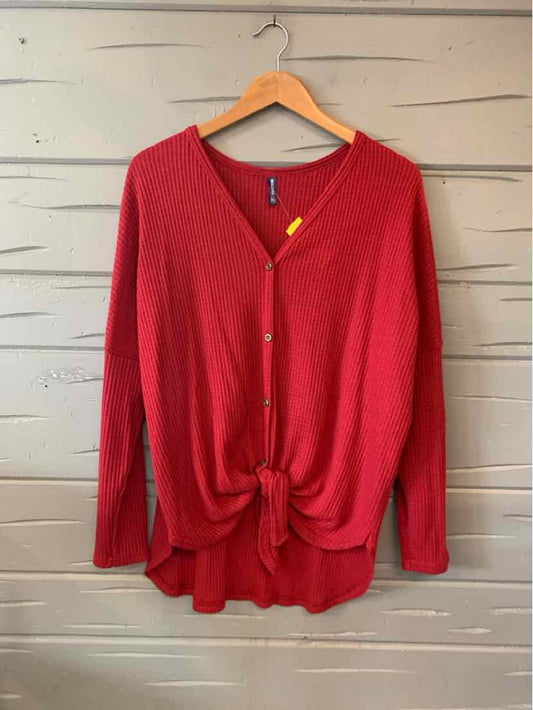 Red long-sleeve V-neck top with front knot detail, relaxed fit, and lightweight fabric, size XL.