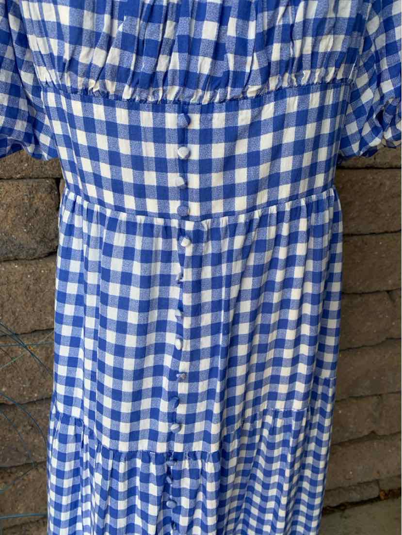 Blue and white gingham dress with puff sleeves, buttoned front, and gathered waist.