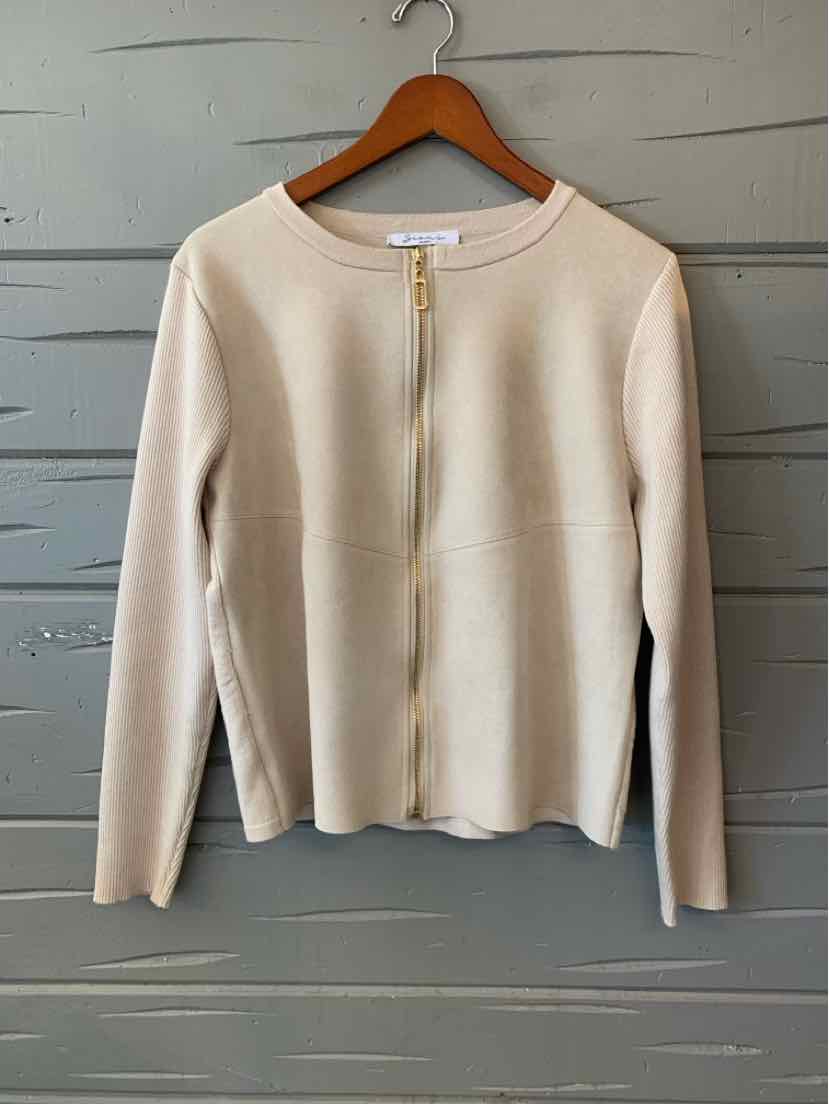 Light beige long-sleeve knit cardigan with round neckline and subtle seam details hanging on wooden hanger.