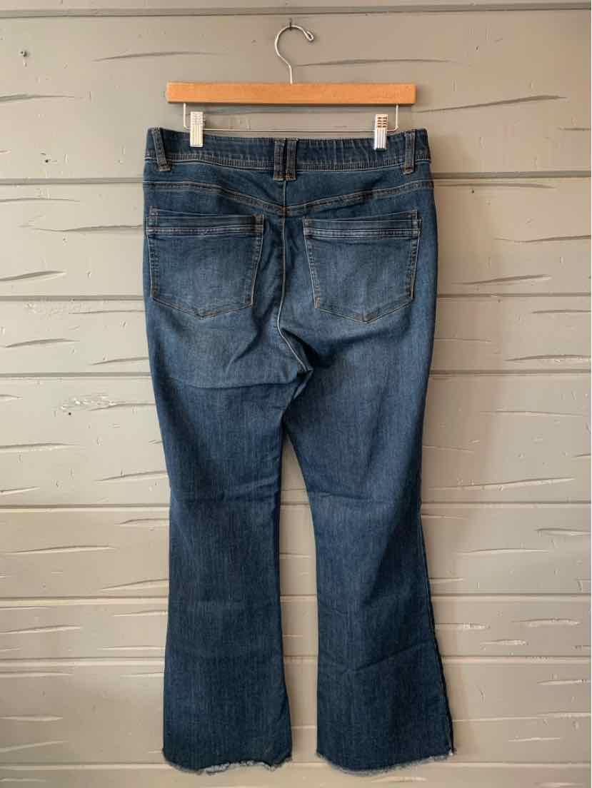 Dark blue Democracy denim jeans with a faded wash, straight legs, and classic five-pocket styling.