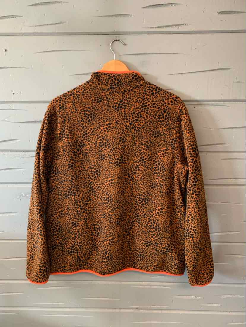 Women's leopard print fleece jacket in brown and black with orange trim, size large.