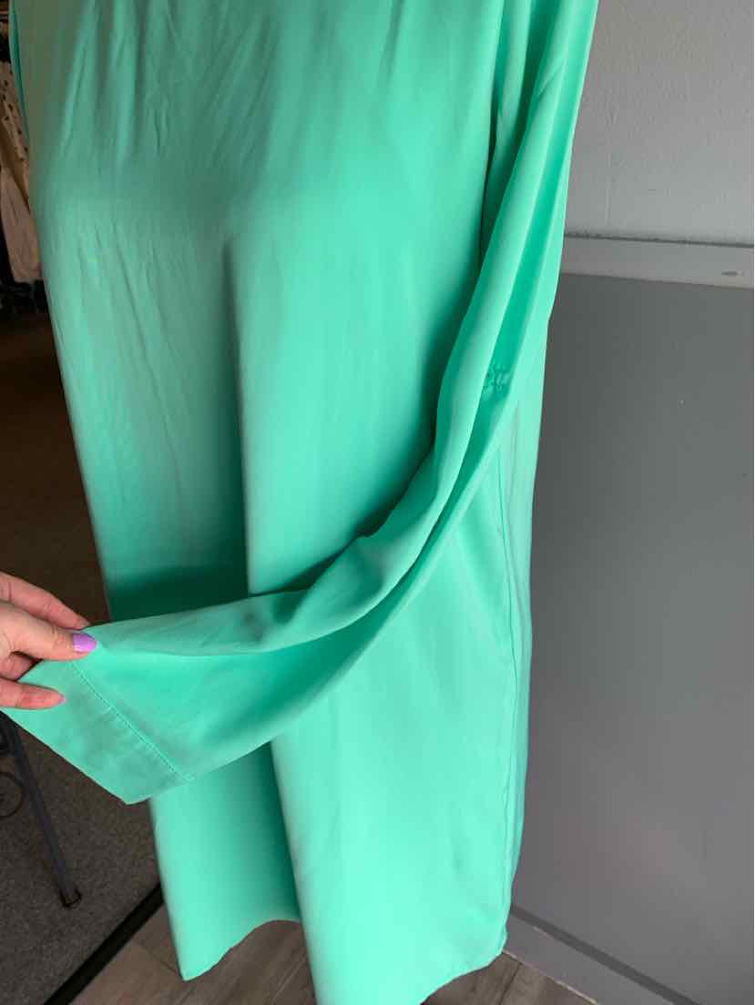 Light green medium-length dress with smooth fabric and long sleeves.