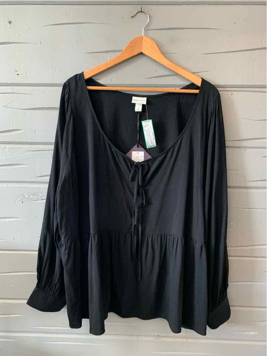 Black long-sleeve blouse with scoop neckline and tie detail, loose fit, size 3X.