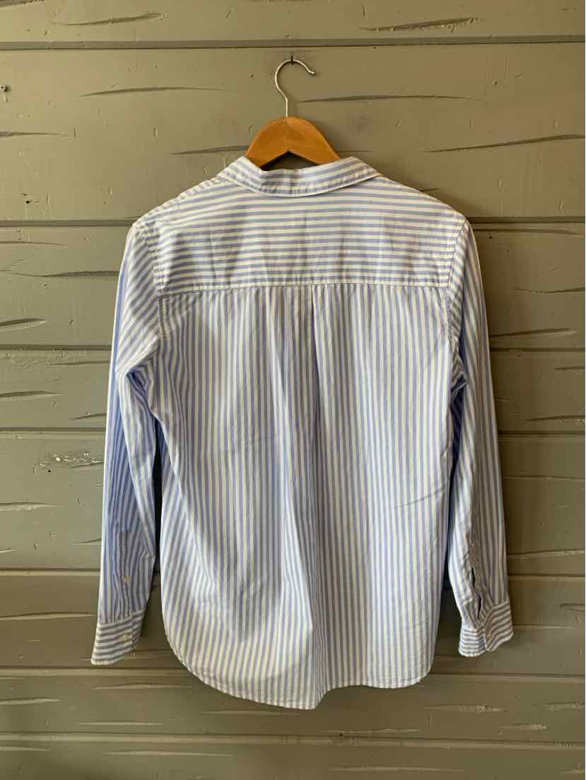 Long-sleeve button-up shirt with thin blue and white vertical stripes, medium size, cotton fabric.