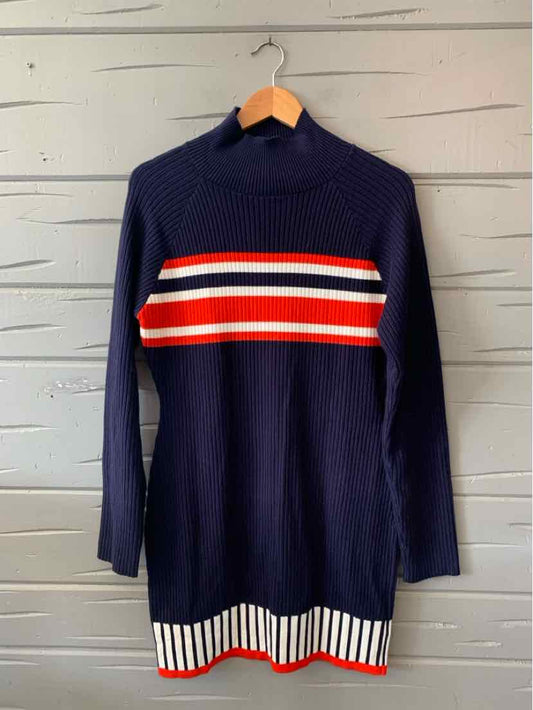 Navy blue long-sleeve knit dress with red, white, and black horizontal stripes across the chest and vertical white and navy.