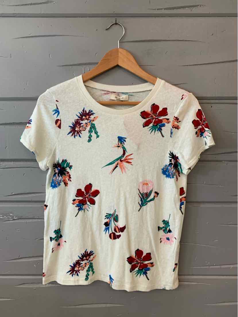 Cream short-sleeve cotton T-shirt with colorful embroidered floral and bird designs.