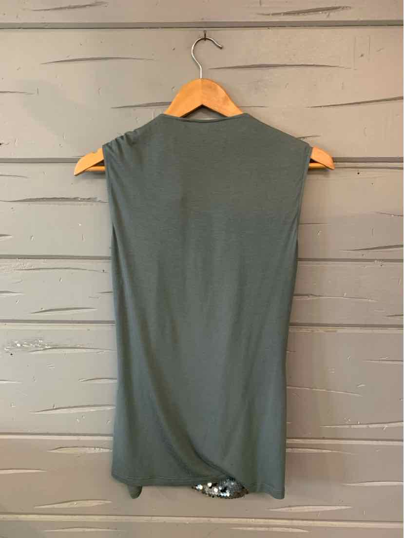Gray sleeveless Tahari top with a simple crew neckline and relaxed, straight-cut silhouette, hanging on a wooden hanger.
