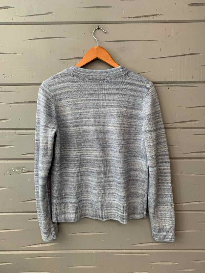 Light blue long-sleeve knit sweater with subtle horizontal stripe texture, crew neckline, medium size.