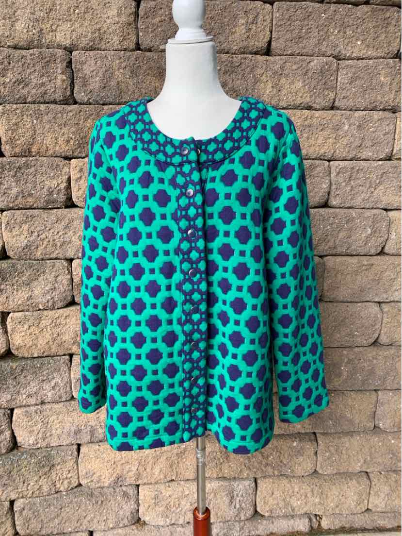 Teal geometric print blazer with round neckline and long sleeves, size 1X.
