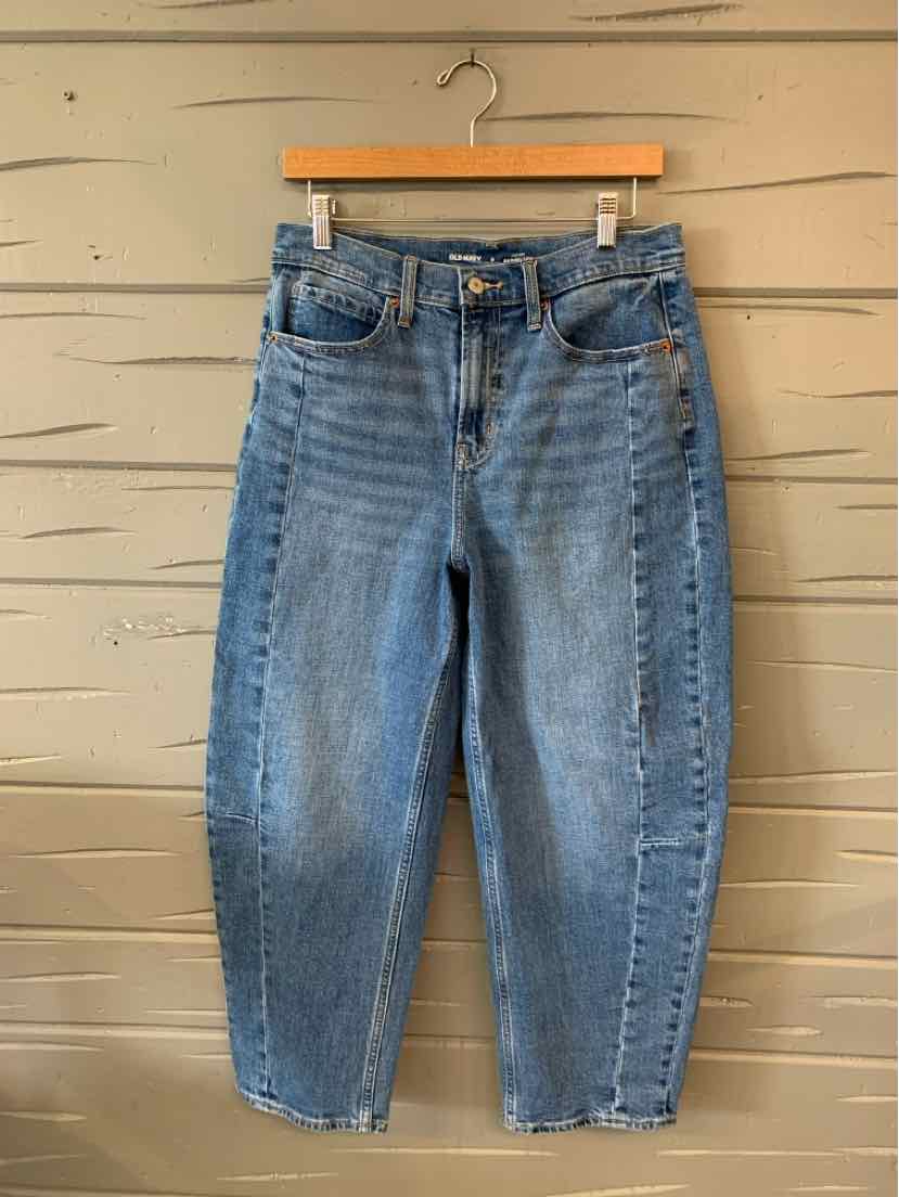 Light blue denim jeans with a high waist, button fly, and a relaxed straight-leg fit.