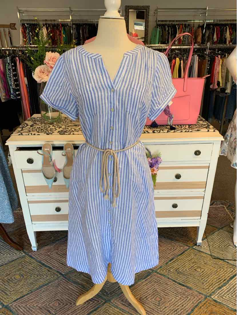 Blue and white striped short-sleeve dress with V-neck and tie waist, size 14.