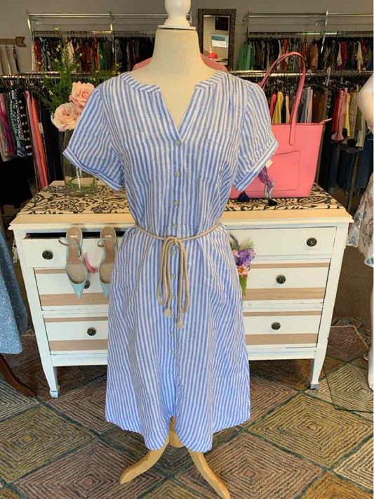 Blue and white striped short-sleeve dress with V-neck and tie waist, size 14.