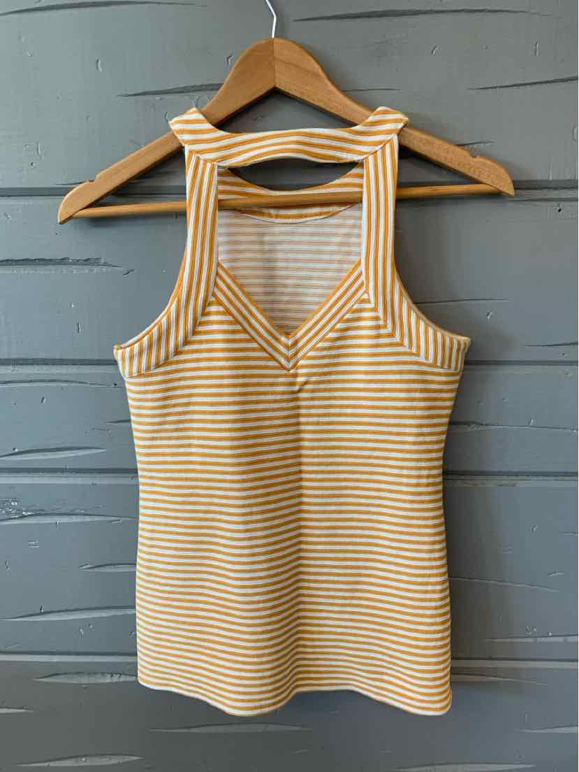 Yellow and white striped ribbed tank top with wide shoulder straps and V-neckline in XS size.