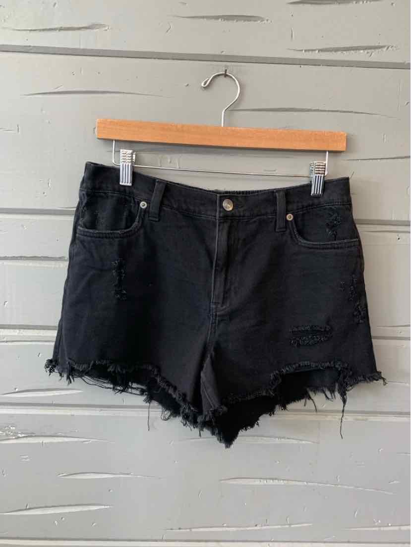 Black denim shorts with frayed hems, front button closure, and front pockets, hanging on wooden hanger.