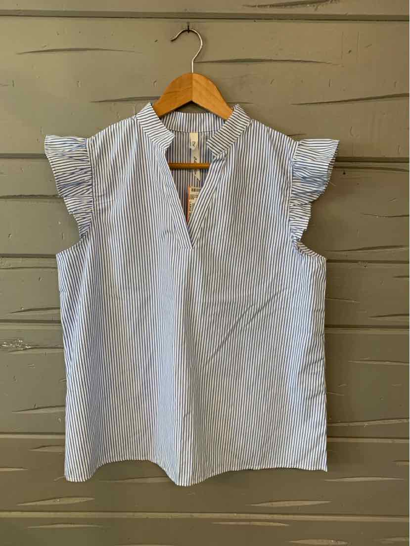 White blouse with thin blue vertical stripes, flutter sleeves, and a keyhole neckline.