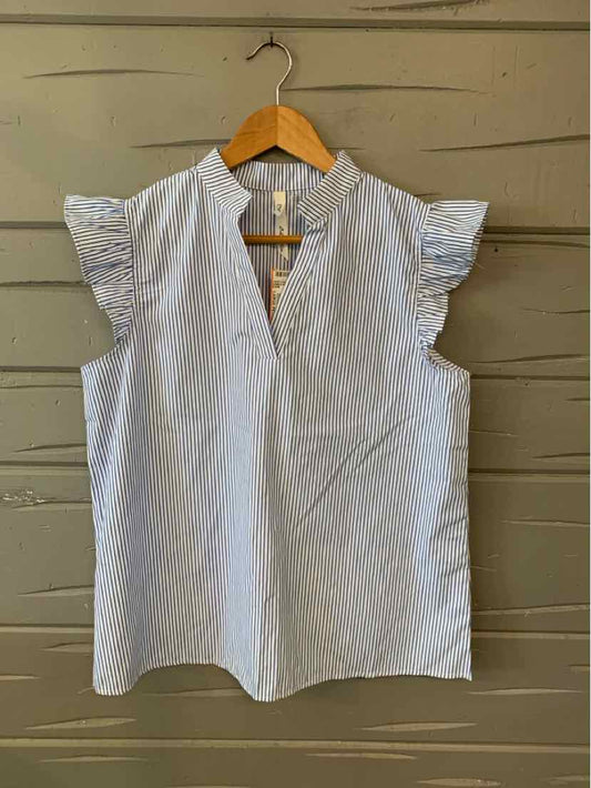White blouse with thin blue vertical stripes, flutter sleeves, and a keyhole neckline.