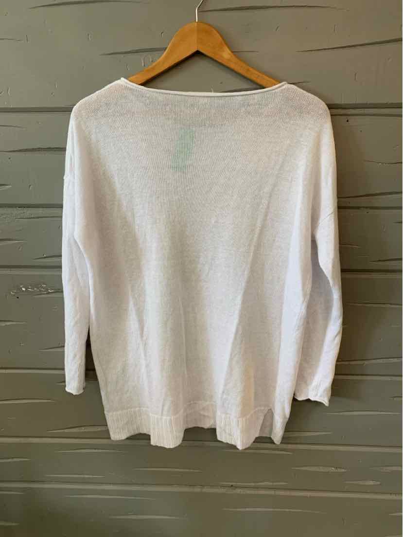 White long-sleeve lightweight knit sweater with boat neckline, size XS, hanging on wooden hanger.