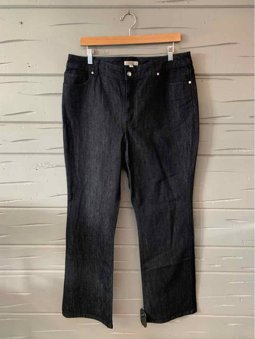 Dark indigo denim jeans with straight legs, mid-rise waist, and silver button closure.