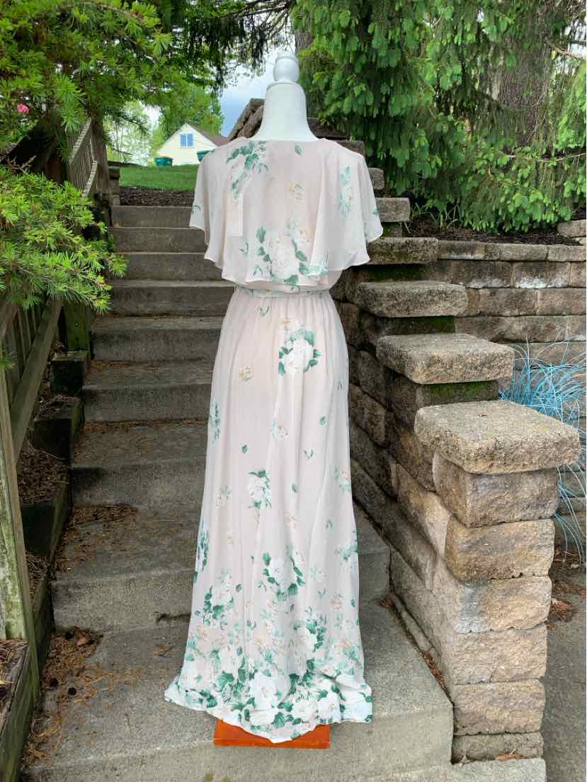 Beige off-shoulder maxi dress with green floral print and cinched waist, size small.