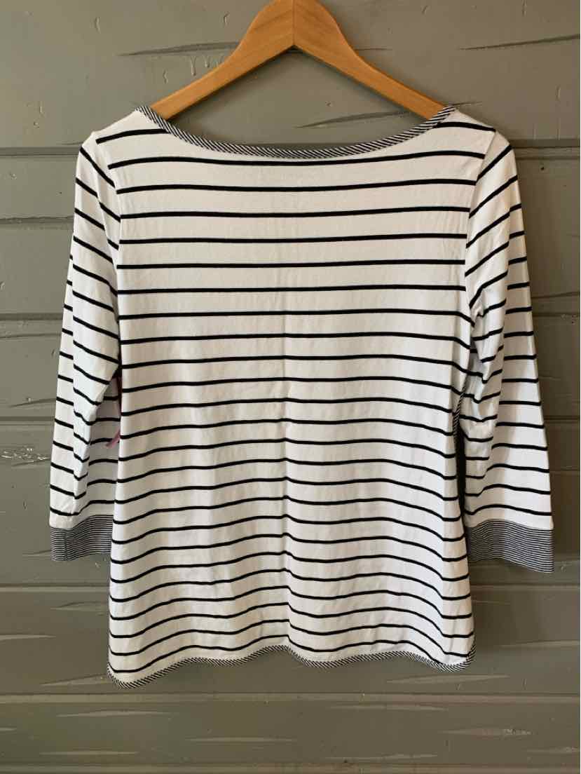 White long-sleeve top with thin black horizontal stripes and a boat neckline, size small.