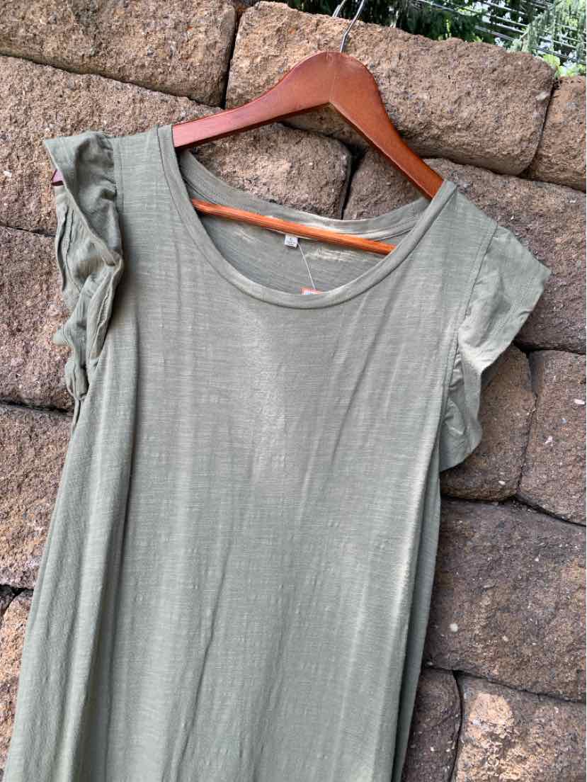 Light olive green short-sleeve top with round neckline and subtle ruffle details on sleeves.